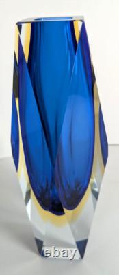 Vintage Murano Alessandro Mandruzzato Faceted Blue Yellow Glass Vase