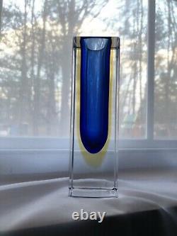 Vintage Murano Art Glass Sommerso Square Blue Amber Bud Vase Sticker And Signed