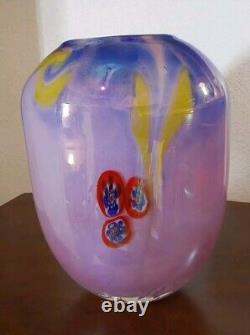 Vintage Murano Art Glass Vase Blue Pink Yellow Red Millefiori 10 Tall X 7 X 5