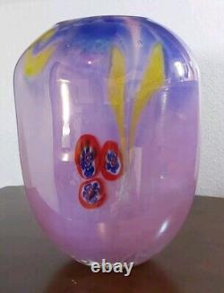 Vintage Murano Art Glass Vase Blue Pink Yellow Red Millefiori 10 Tall X 7 X 5