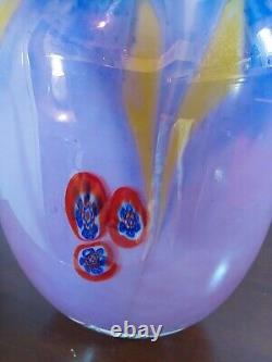 Vintage Murano Art Glass Vase Blue Pink Yellow Red Millefiori 10 Tall X 7 X 5