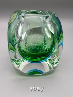 Vintage Murano Art Glass Vase MCM Flavio Poli Cubist Sommerso Green Blue 1960's