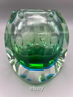 Vintage Murano Art Glass Vase MCM Flavio Poli Cubist Sommerso Green Blue 1960's