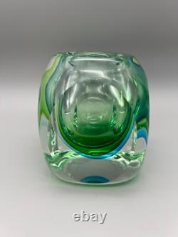 Vintage Murano Art Glass Vase MCM Flavio Poli Cubist Sommerso Green Blue 1960's