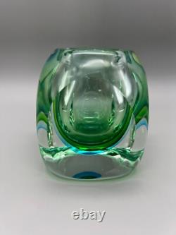Vintage Murano Art Glass Vase MCM Flavio Poli Cubist Sommerso Green Blue 1960's