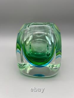 Vintage Murano Art Glass Vase MCM Flavio Poli Cubist Sommerso Green Blue 1960's