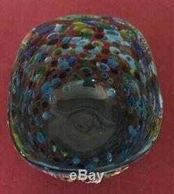 Vintage Murano Blue Glass Raised Millefiori Italian Art Vase/Bowl/Dish Signed