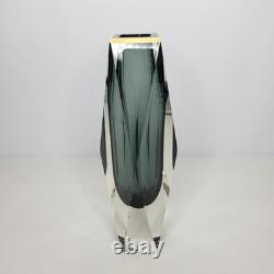 Vintage Murano Blue Grey Sommerso Faceted Art Glass Vase 12 Gold Rim Italian