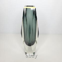 Vintage Murano Blue Grey Sommerso Faceted Art Glass Vase 12 Gold Rim Italian