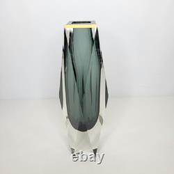 Vintage Murano Blue Grey Sommerso Faceted Art Glass Vase 12 Gold Rim Italian