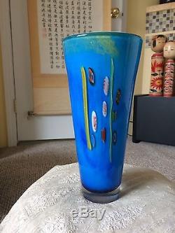 Vintage Murano Blue Multicolored Fluted Heavy Art Glass Vase