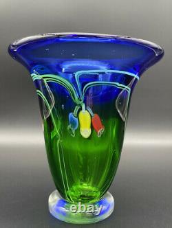 Vintage Murano Blue to Green Glass Vase with Blue Yellow & Red Flowers 5lbs Hevy
