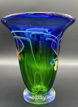 Vintage Murano Blue to Green Glass Vase with Blue Yellow & Red Flowers 5lbs Hevy