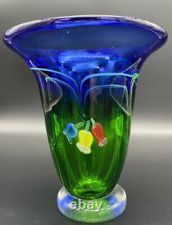 Vintage Murano Blue to Green Glass Vase with Blue Yellow & Red Flowers 5lbs Hevy