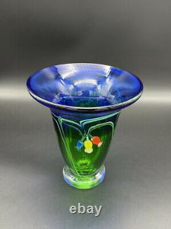 Vintage Murano Blue to Green Glass Vase with Blue Yellow & Red Flowers 5lbs Hevy