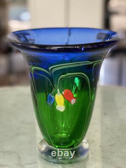 Vintage Murano Blue to Green Glass Vase with Blue Yellow & Red Flowers 5lbs Hevy