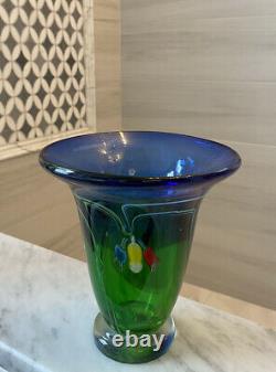 Vintage Murano Blue to Green Glass Vase with Blue Yellow & Red Flowers 5lbs Hevy