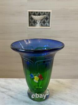 Vintage Murano Blue to Green Glass Vase with Blue Yellow & Red Flowers 5lbs Hevy