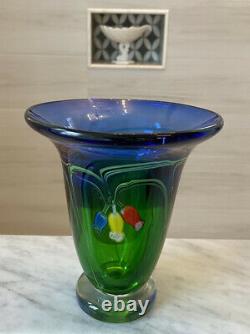 Vintage Murano Blue to Green Glass Vase with Blue Yellow & Red Flowers 5lbs Hevy