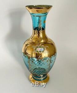 Vintage Murano Bohemian Vase Blue Glass 24K Gold Painted Flowers 11 7/8 Tall