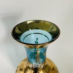 Vintage Murano Bohemian Vase Blue Glass 24K Gold Painted Flowers 11 7/8 Tall