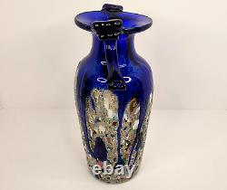 Vintage Murano Cobalt Blue Vase Amphora Mosaic Art Glass Silver Tone 11.5