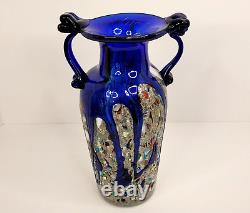 Vintage Murano Cobalt Blue Vase Amphora Mosaic Art Glass Silver Tone 11.5