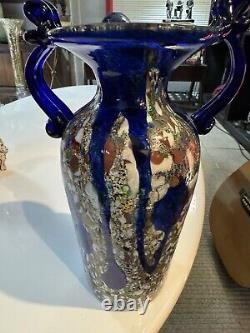 Vintage Murano Cobalt Blue Vase Amphora Mosaic Art Glass Silver Tone 12 Sticker