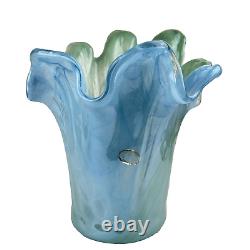 Vintage Murano Glass Vase 11 Blue & Green Swirl, Ruffled Edge, Hand-Blown Italy