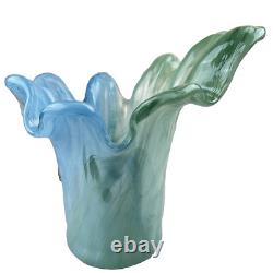 Vintage Murano Glass Vase 11 Blue & Green Swirl, Ruffled Edge, Hand-Blown Italy