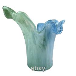 Vintage Murano Glass Vase 11 Blue & Green Swirl, Ruffled Edge, Hand-Blown Italy