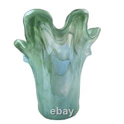 Vintage Murano Glass Vase 11 Blue & Green Swirl, Ruffled Edge, Hand-Blown Italy