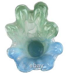 Vintage Murano Glass Vase 11 Blue & Green Swirl, Ruffled Edge, Hand-Blown Italy