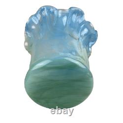 Vintage Murano Glass Vase 11 Blue & Green Swirl, Ruffled Edge, Hand-Blown Italy