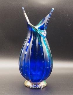 Vintage Murano Hand Blown Turquoise Blue Glass Vase Controlled Bubbles Italy