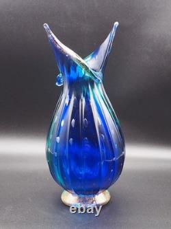 Vintage Murano Hand Blown Turquoise Blue Glass Vase Controlled Bubbles Italy