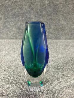Vintage Murano Mandruzzato Italy Sommerso Blue Green Glass Faceted 6.5 Vase