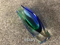 Vintage Murano Mandruzzato Italy Sommerso Blue Green Glass Faceted 6.5 Vase