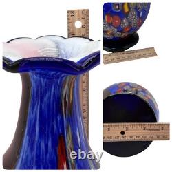 Vintage Murano Millefiori Vase Italy Art Glass Blue Multi Colored Heavy