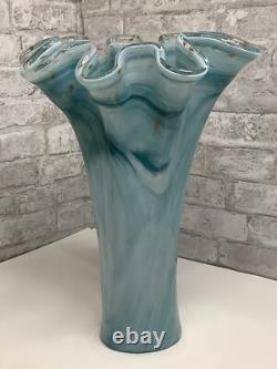 Vintage Murano Ruffle Top Light Blue & Gold Glass Vase 16 H X 11W X 11.5D HTF