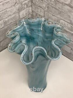 Vintage Murano Ruffle Top Light Blue & Gold Glass Vase 16 H X 11W X 11.5D HTF