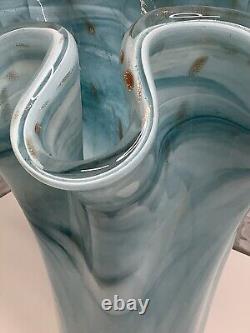 Vintage Murano Ruffle Top Light Blue & Gold Glass Vase 16 H X 11W X 11.5D HTF