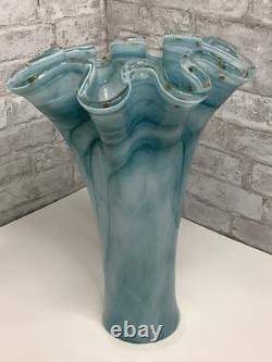 Vintage Murano Ruffle Top Light Blue & Gold Glass Vase 16 H X 11W X 11.5D HTF