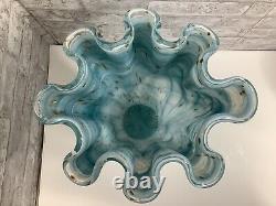 Vintage Murano Ruffle Top Light Blue & Gold Glass Vase 16 H X 11W X 11.5D HTF