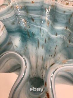 Vintage Murano Ruffle Top Light Blue & Gold Glass Vase 16 H X 11W X 11.5D HTF