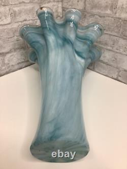 Vintage Murano Ruffle Top Light Blue & Gold Glass Vase 16 H X 11W X 11.5D HTF