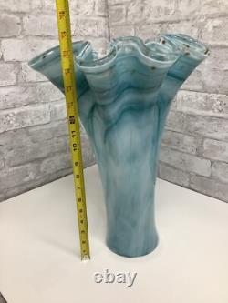 Vintage Murano Ruffle Top Light Blue & Gold Glass Vase 16 H X 11W X 11.5D HTF