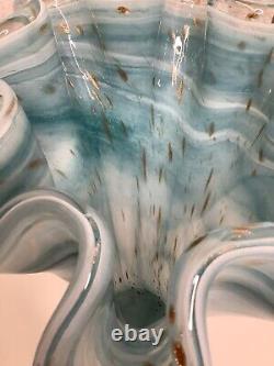 Vintage Murano Ruffle Top Light Blue & Gold Glass Vase 16 H X 11W X 11.5D HTF