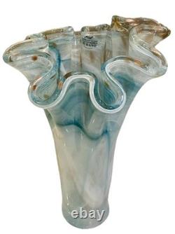 Vintage Murano Ruffle Top Light Blue & Gold Glass Vase 16 H X11W X 11.5D HTF