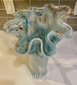 Vintage Murano Ruffle Top Light Blue & Gold Glass Vase 16 H X11W X 11.5D HTF